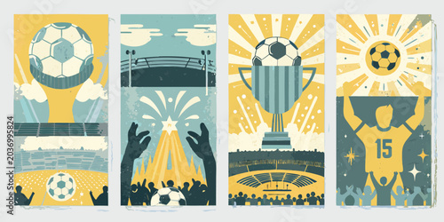 Fényképezés Soccer Ball And Stadium Vector Illustrations In Vintage Poster Style