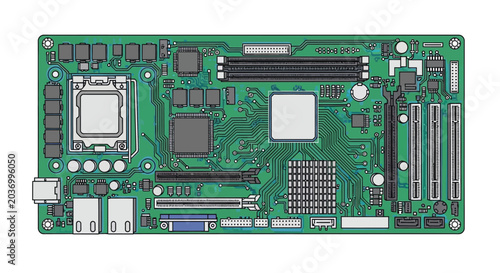 Green circuit board with CPU socket and ports