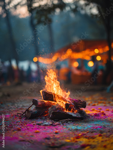 Traditional Holi Bonfire Celebration with Vibrant Colored Powder at Sunset