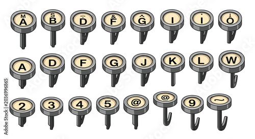 Isometric typewriter keys with letters A, D, and numbers 2, 3
