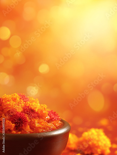 Orange marigold flowers in a clay bowl against a warm bokeh background