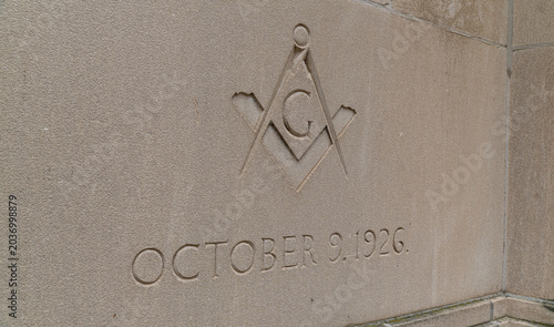 Принти на полотні Masonic Square and Compass Cornerstone Carving Dated October 9 1926 on Stone Fac