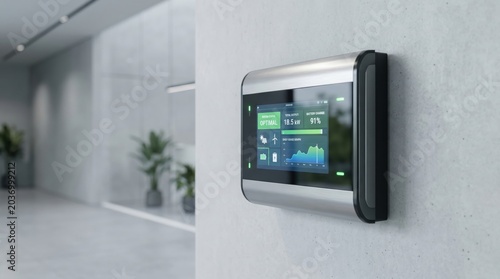 Modern home energy monitor display showing optimal power usage and solar generation