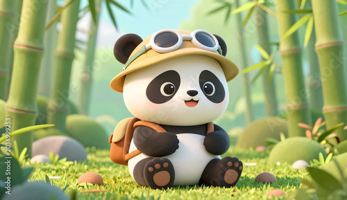 Cute panda plush toy wearing straw hat sitting on green grass in bamboo forest outdoor scene