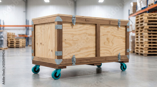 Sturdy wooden crate on vibrant teal wheels in a modern warehouse, perfect for storage, shipping, and logistics