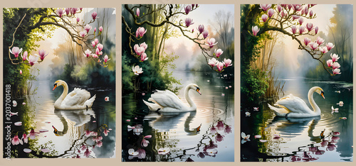 Dreamlike Watercolor Painting of Elegant White Swan Swimming in Misty Lake with Blooming Pink Magnolia Branches and Reflection