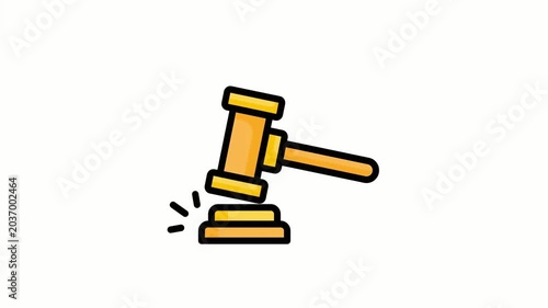 Justice Hammer Icon: A simple, graphic illustration of a judge's gavel striking a sound block, symbolizing law, justice, and authority.