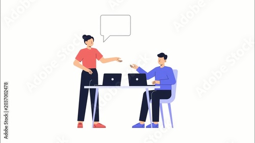 Collaboration and Communication: Two colleagues work together at a desk, engaging in a discussion indicated by a speech bubble, with laptops in front of them, illustrating a modern workplace dynamic.