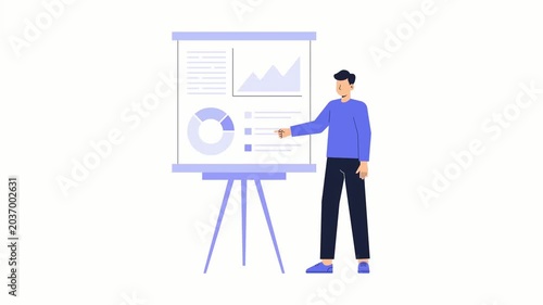 Business Presentation: A man in a blue shirt stands beside a flip chart, pointing to a pie chart and bar graph, illustrating a business presentation.