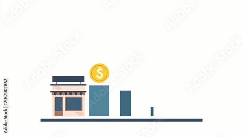 Business Decline Illustration: A symbolic illustration depicting a storefront with a descending bar graph and a falling coin, representing economic downturn or business loss.