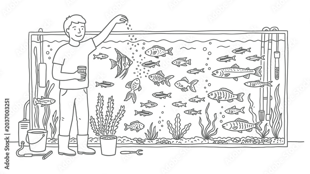 Obraz premium Man feeding fish in a large aquarium with plants and equipment