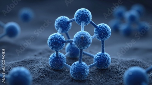 clean, scientific 3D render of transparent blue molecules in a tetrahedral arrangement, symbolizing chemistry, biotechnology, and medical innovation with a dark, futuristic aesthetic