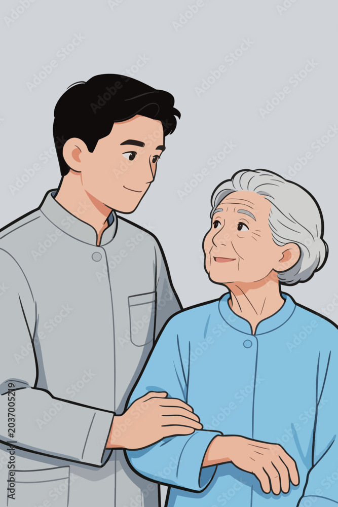 Obraz premium Young Caregiver Assisting Elderly Woman in Indoor Setting