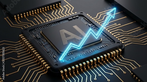 AI chip with a rising graph overlay, representing growth and advancements in artificial intelligence technology