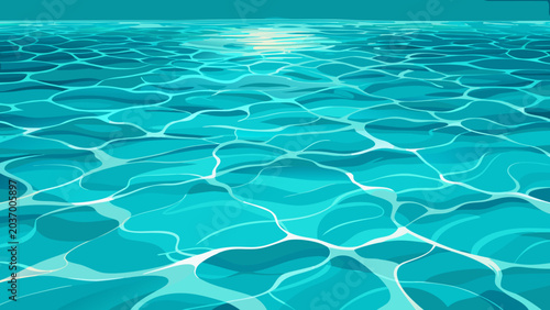 Rippling turquoise ocean water surface with sun glare turquoise sunlight reflection abstract background caustics transparent illustration refraction rhythmic