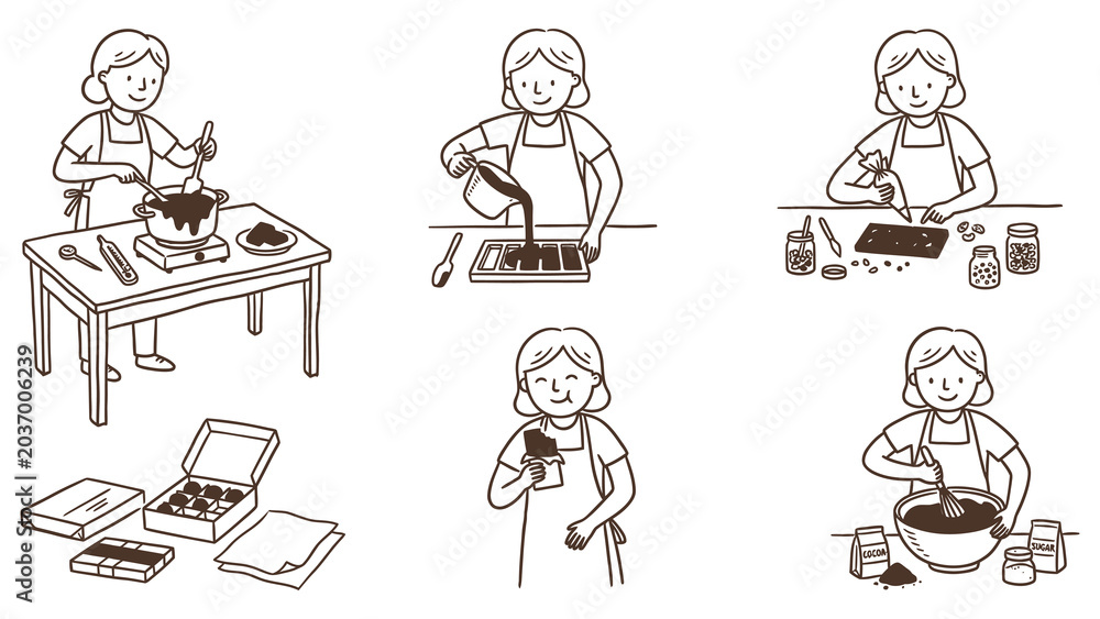 Fototapeta premium Illustration set of a woman preparing food in various scenes at home