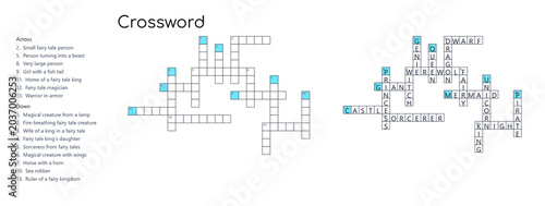 Crossword with answers about fairy tale characters on transparent background