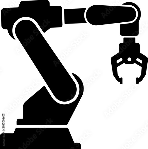 Industrial robotic arm black icon representing factory automation mechanical engineering and smart manufacturing isolated on white background