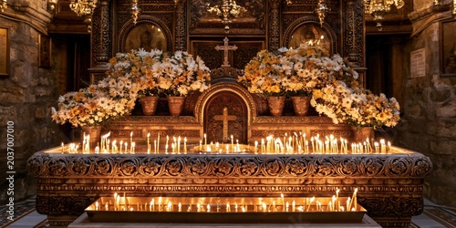 Sacred space bathed in warm candlelight glow