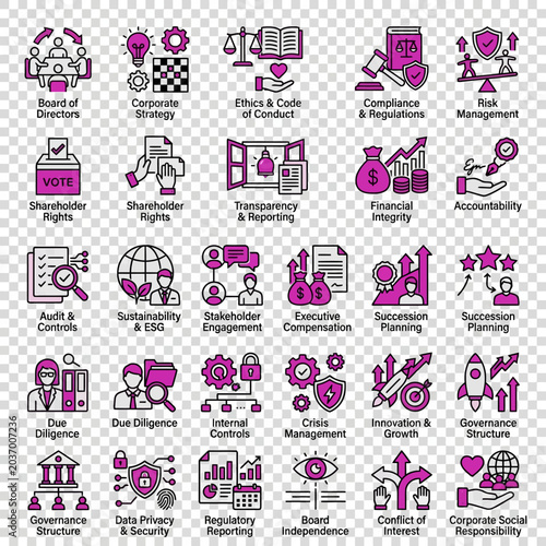 Corporate governance icons set for business and finance applications