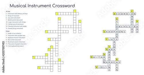 Canvas Print Crossword with answers about musical instruments on transparent background
