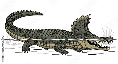 Tableau sur toile Detailed illustration of a prehistoric crocodile emerging from water