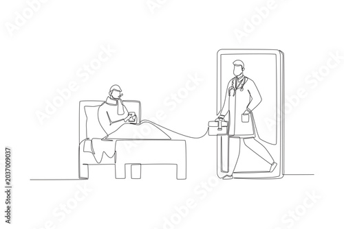 Photos Continuous line drawing of human young man lying sick on a bed using smartphone to summon a male doctor avatar walking out from screen for emergency consultation in a minimalist style