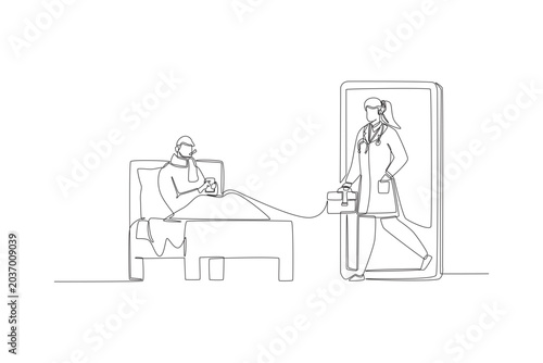 Photos Single line drawing of human young man lying sick on a bed using smartphone to summon a female doctor avatar walking out from screen for emergency consultation in a minimalist style