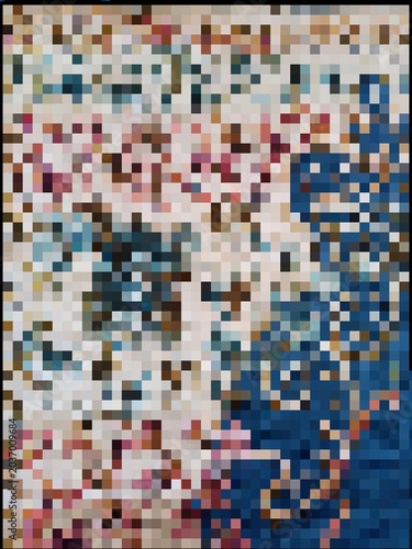 Abstract pixelated mosaic pattern with a blend of vibrant colors, creating a textured and modern background.