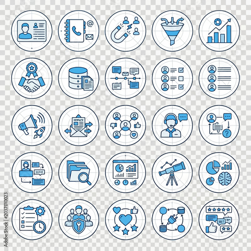 Collection of business and marketing icons in a circle grid design