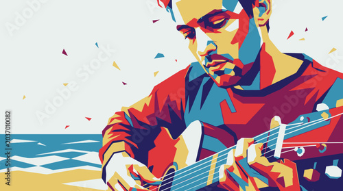 Schilderij op canvas Man playing guitar on the beach.