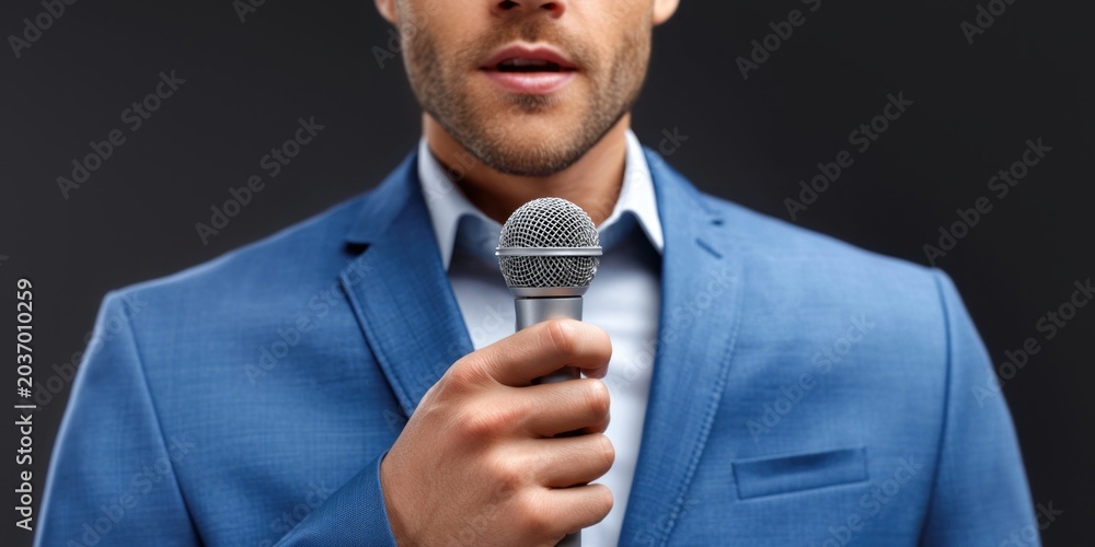 Naklejka premium Man in blue suit holding a microphone, speaking to audience, close-up shot