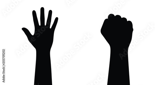 Cuadro en lienzo Two human hands in opposing gestures one open palm and one clenched fist silhoue