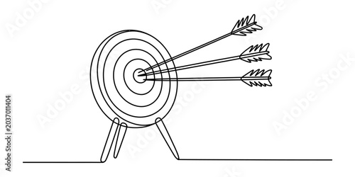 Foto Continuous single line drawing of a target board with three arrows hitting the b