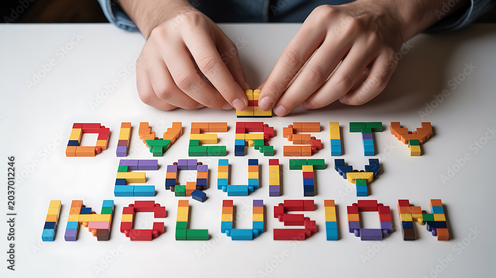 Naklejka premium Hands arranging colorful blocks spelling diversity equity inclusion symbolizing luxury, elegance, and premium quality