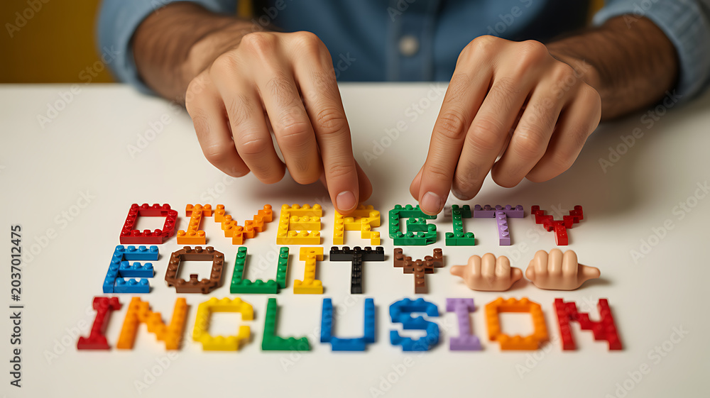 Naklejka premium Hands arranging colorful blocks spelling diversity equity inclusion emphasizing teamwork and professional collaboration