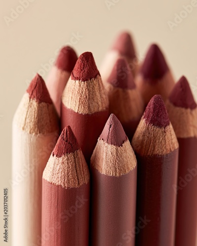 Set of cosmetic lip liner pencils close up. Group of sharp wooden makeup pencils in nude and red shades.