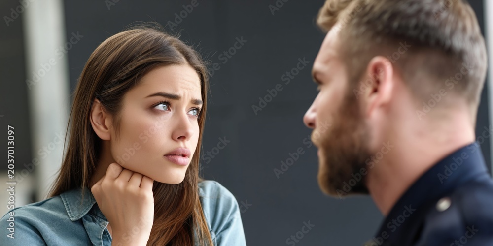 Naklejka premium Worried young woman speaking with a police officer in a serious conversation
