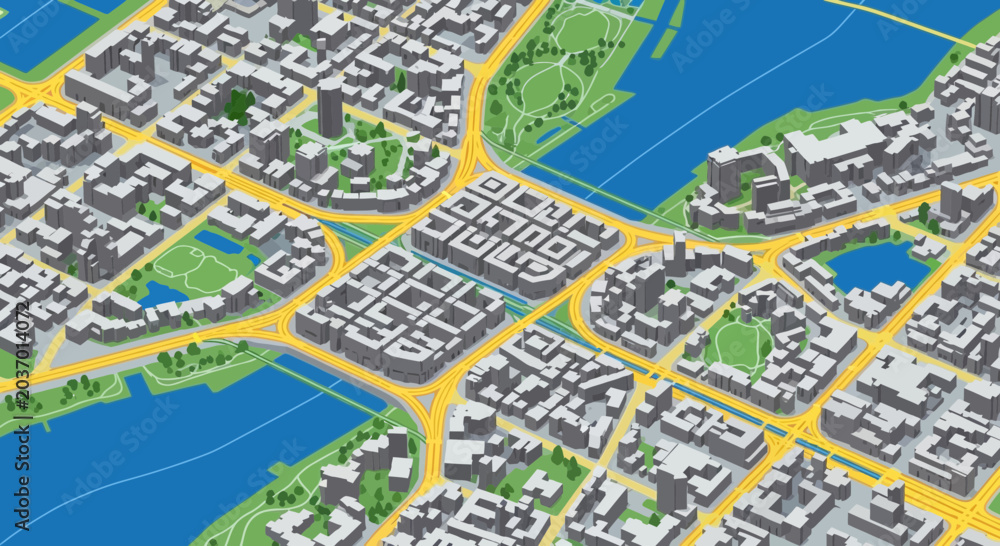 Fototapeta premium Isometric city map illustration showcasing urban development and infrastructure with green spaces