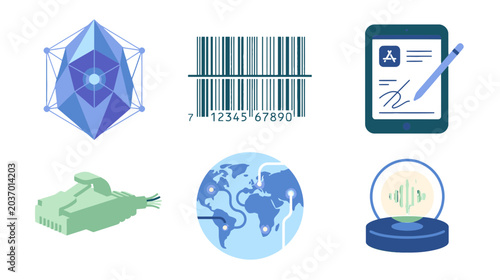 A collection of six distinct icons representing various aspects of technology, data, global connectivity, and digital processes.