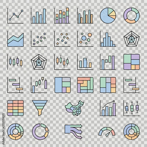 Collection of various data visualization charts and graphs on transparent backdrop