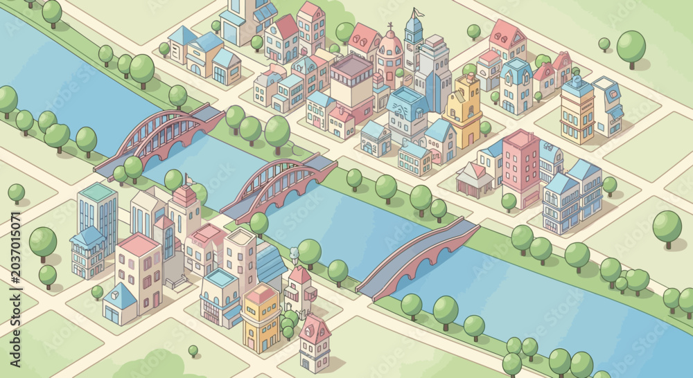 Fototapeta premium Charming isometric cartoon city with a serene river, two arched bridges, and colorful pastel buildings amidst green parks, illustrating a quaint urban scene