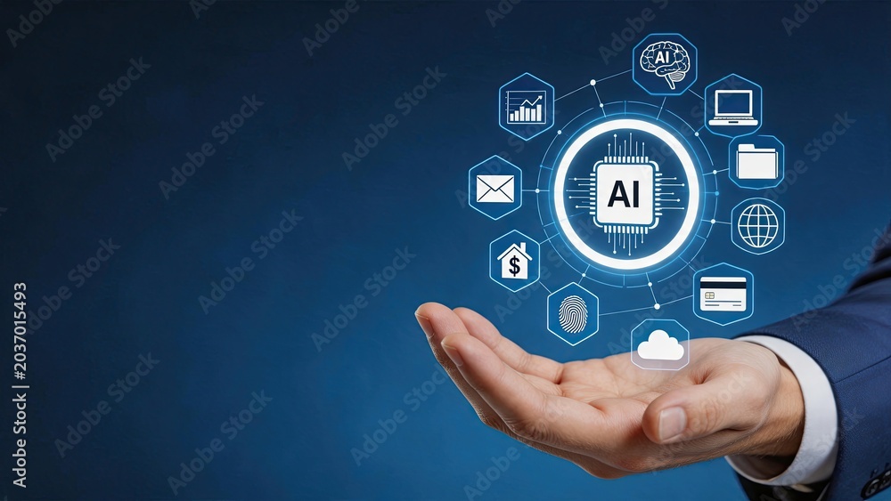 Fototapeta premium Businessman hand holding artificial intelligence AI chip with hologram icons, future tech innovation and automation concept for data processing and smart solutions.