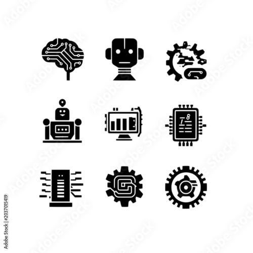 AI and Robot Technology Icon Set - Minimal Black White Vector 