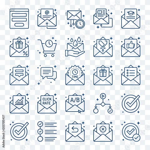 Email icons set illustrating communication marketing and notifications