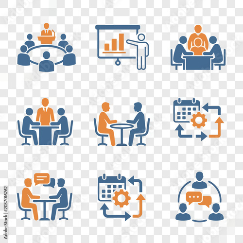 Business and management icons depicting meetings and presentations