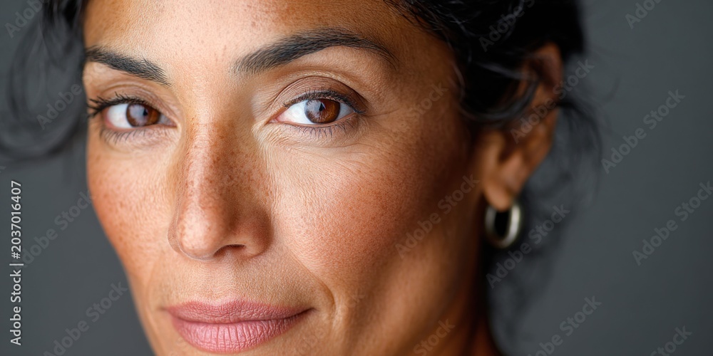 Fototapeta premium Close-up portrait of a mature woman with freckles and expressive brown eyes