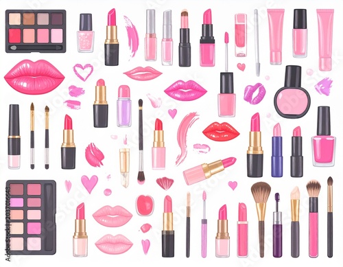 Cute Glossy Lip Makeup Vector Set with Lipstick, Lip Gloss, Makeup Brushes and Pink Cosmetic Collection Isolated on White