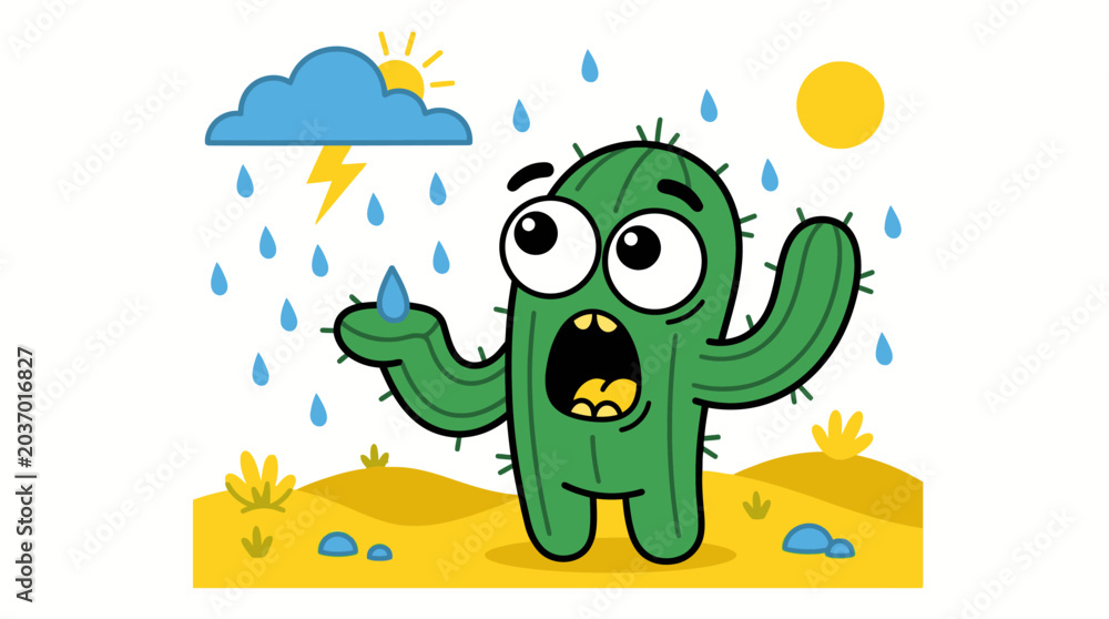 Obraz premium Whimsical Cactus Character Caught Off Guard by Sudden Storm in Sunny Desert