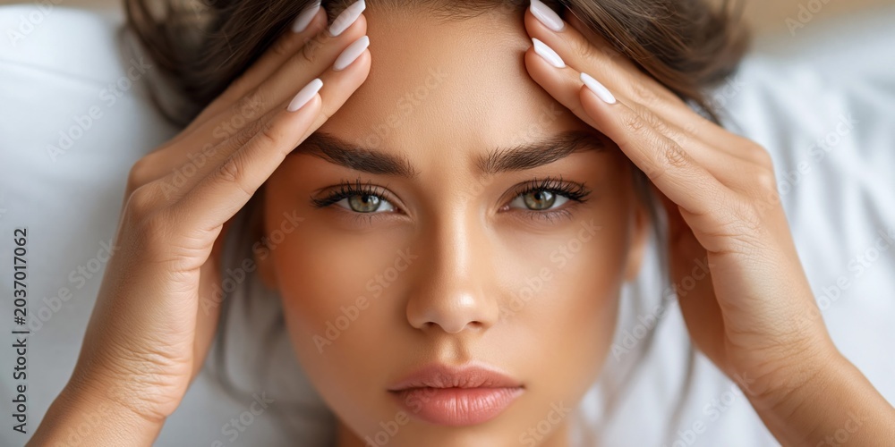 Fototapeta premium Young woman experiencing a headache, holding her forehead with her hands